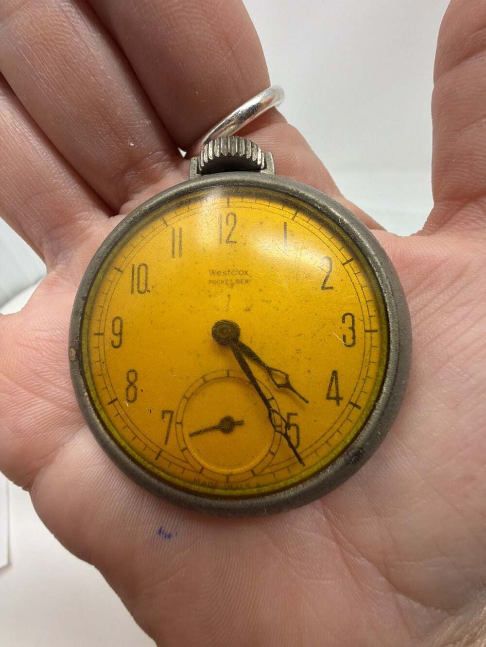 Vintage Westclox Pocket Ben Manual Wind Pocket Watch with Yellow Dial